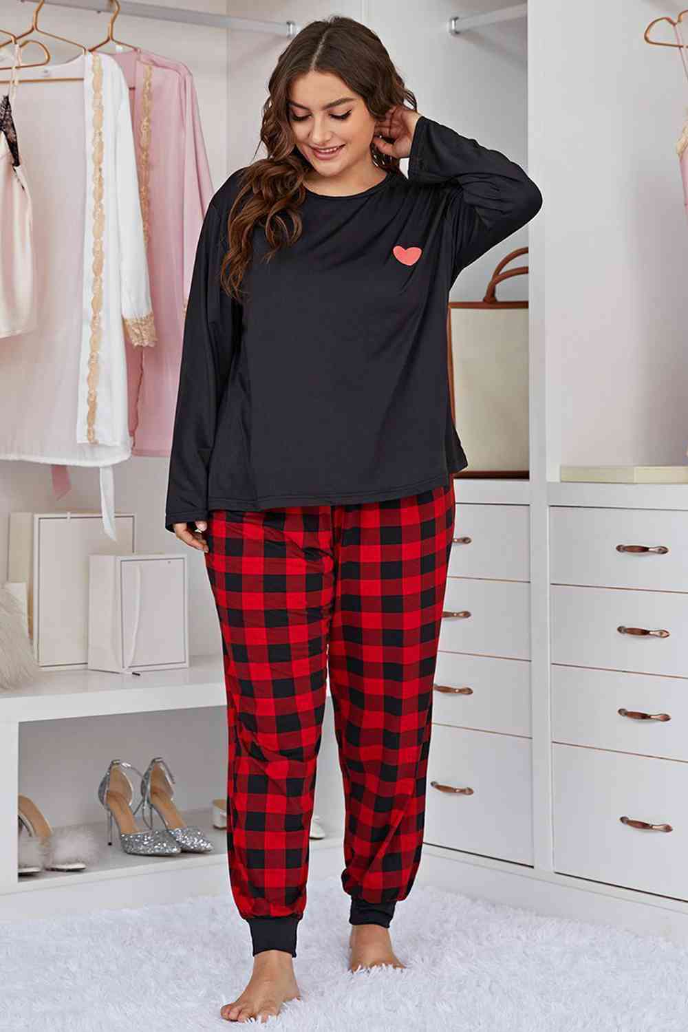 Plus Size Heart Top and Plaid Joggers Lounge Set