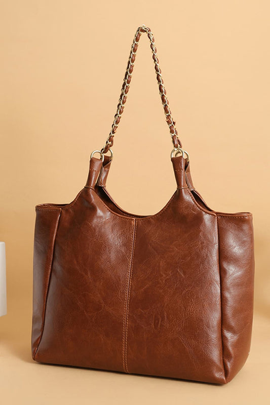 Metal Woven Strap PU Leather Tote Bag