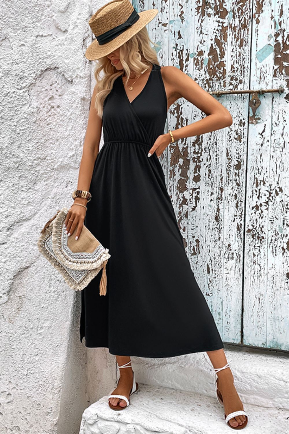 Surplice Neck Slit Sleeveless Dress (2 Variants)