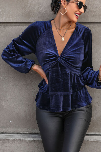 Twisted Layered Plunge Raglan Sleeve Blouse