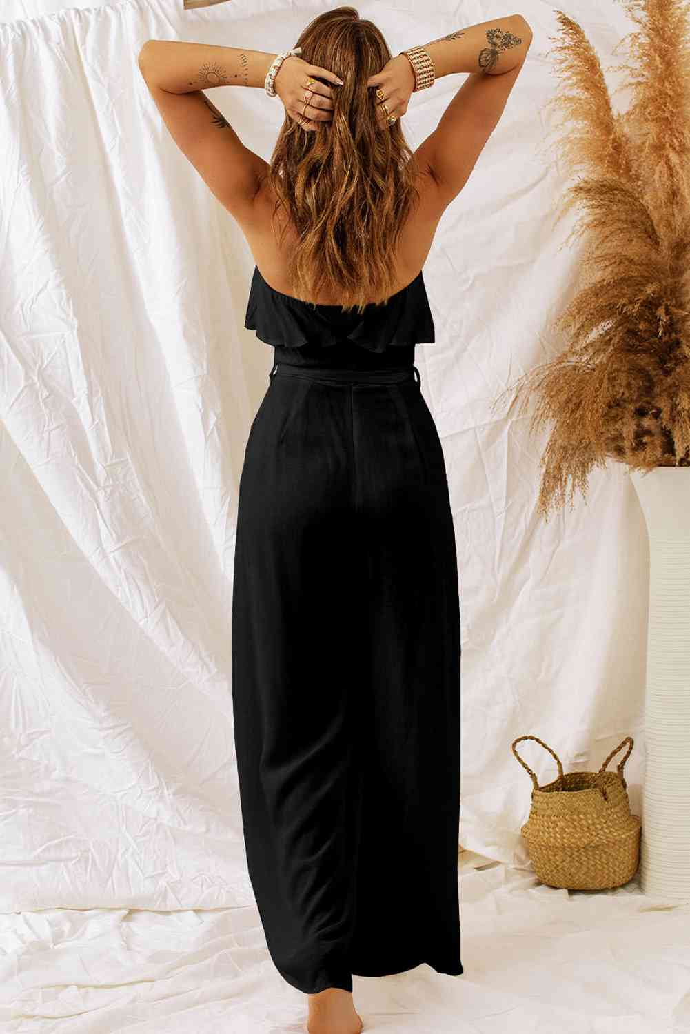 Tie-Waist Ruffled Strapless Wide Leg Jumpsuit (2 Variants)