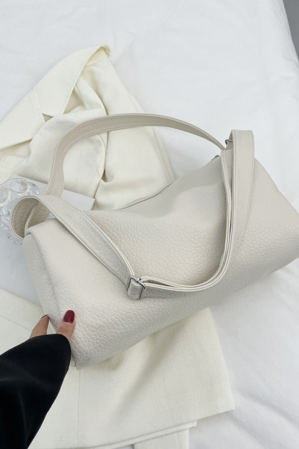 Ivory PU Leather Handbag w/Adjustable Strap