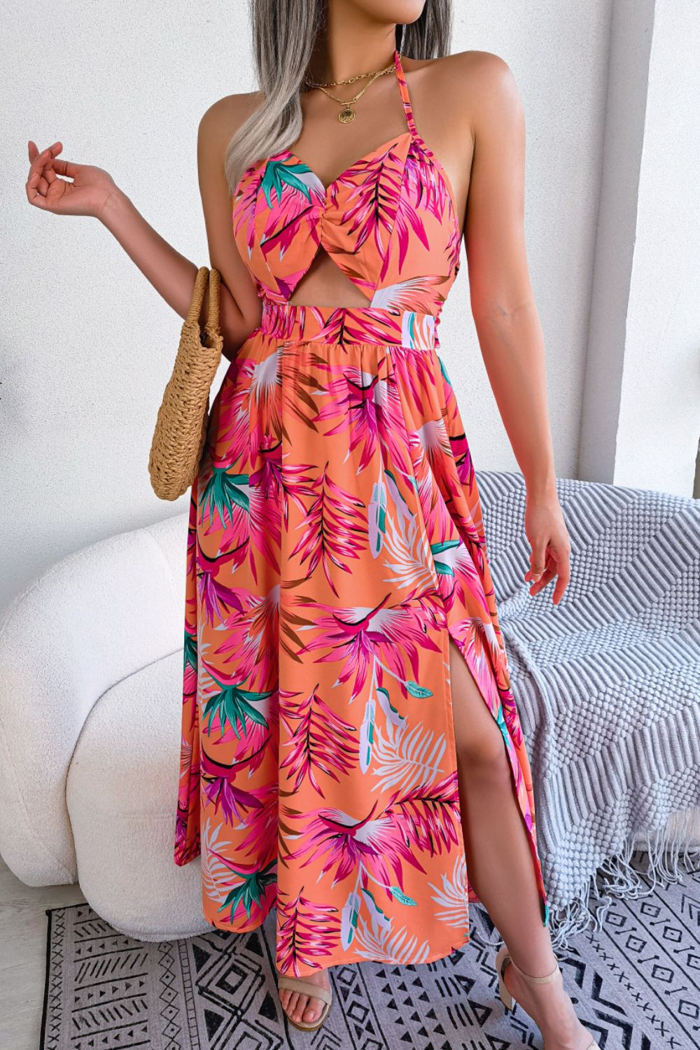 Botanical Print Tied Backless Cutout Slit Dress (3 Variants)