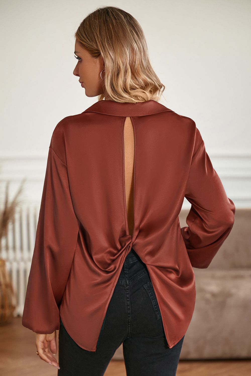 Johnny Collar Lantern Sleeve Blouse