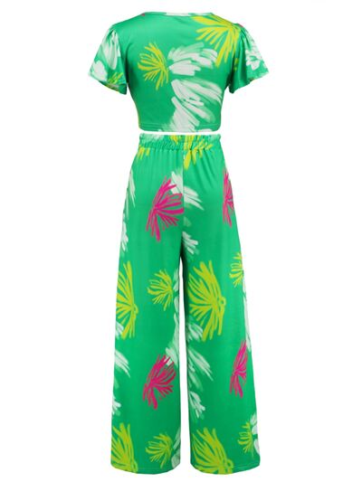 Tropical V-Neck Top & Tied Pants Set (3 Variants)