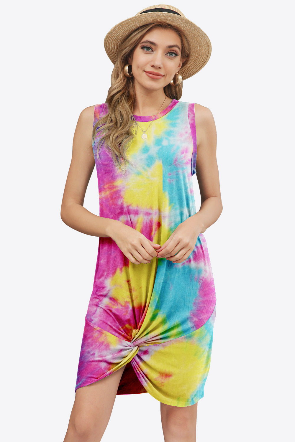 Tie-Dye Twisted Round Neck Sleeveless Dress (6 Variants)