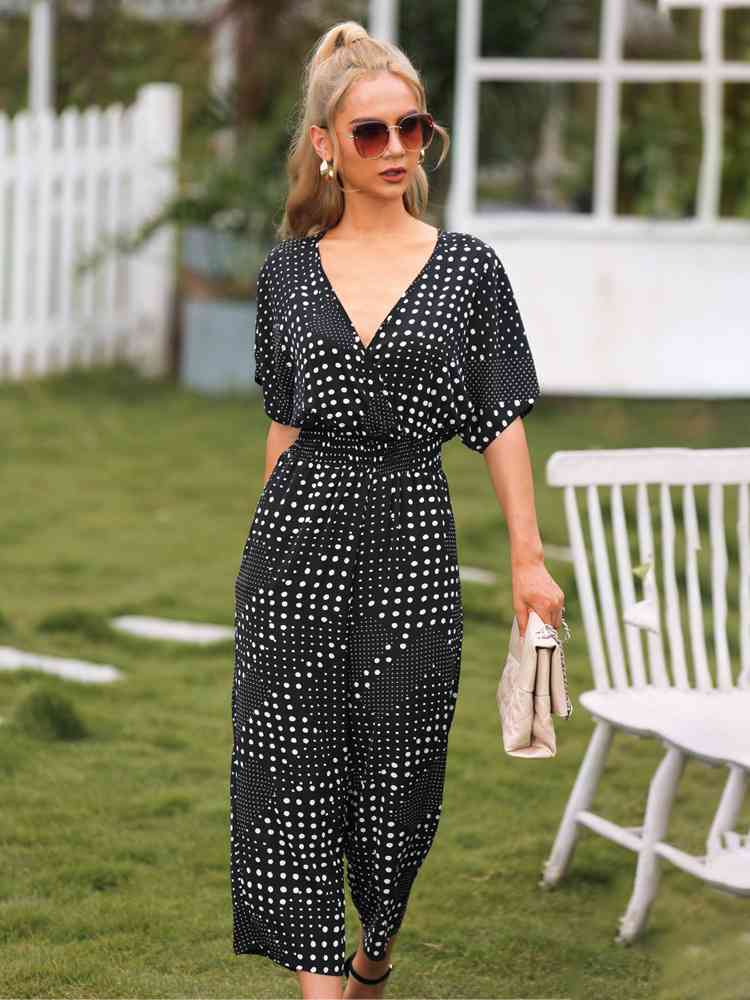 Polka Dot Surplice Neck Jumpsuit with Pockets