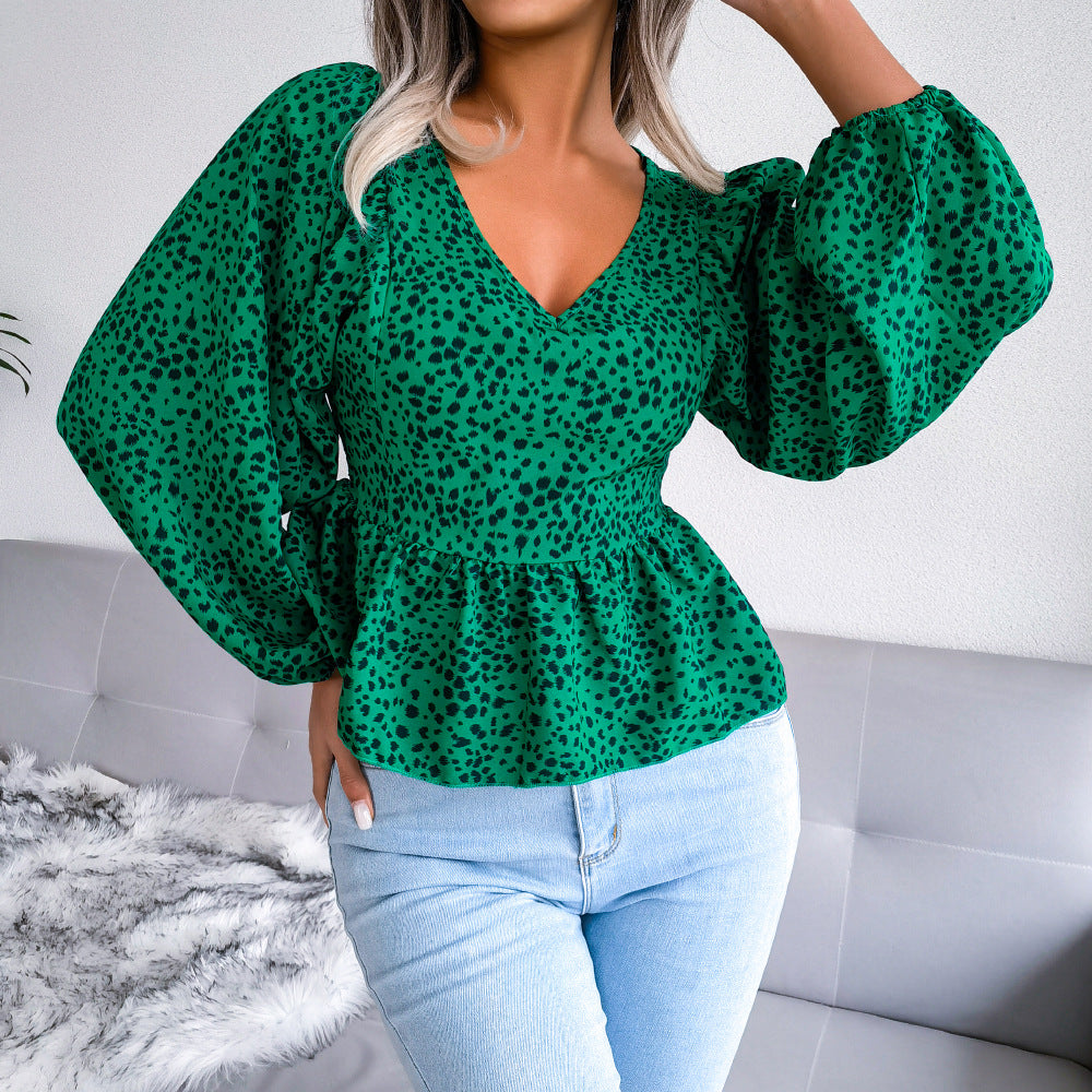 Printed Balloon Sleeve Peplum Blouse