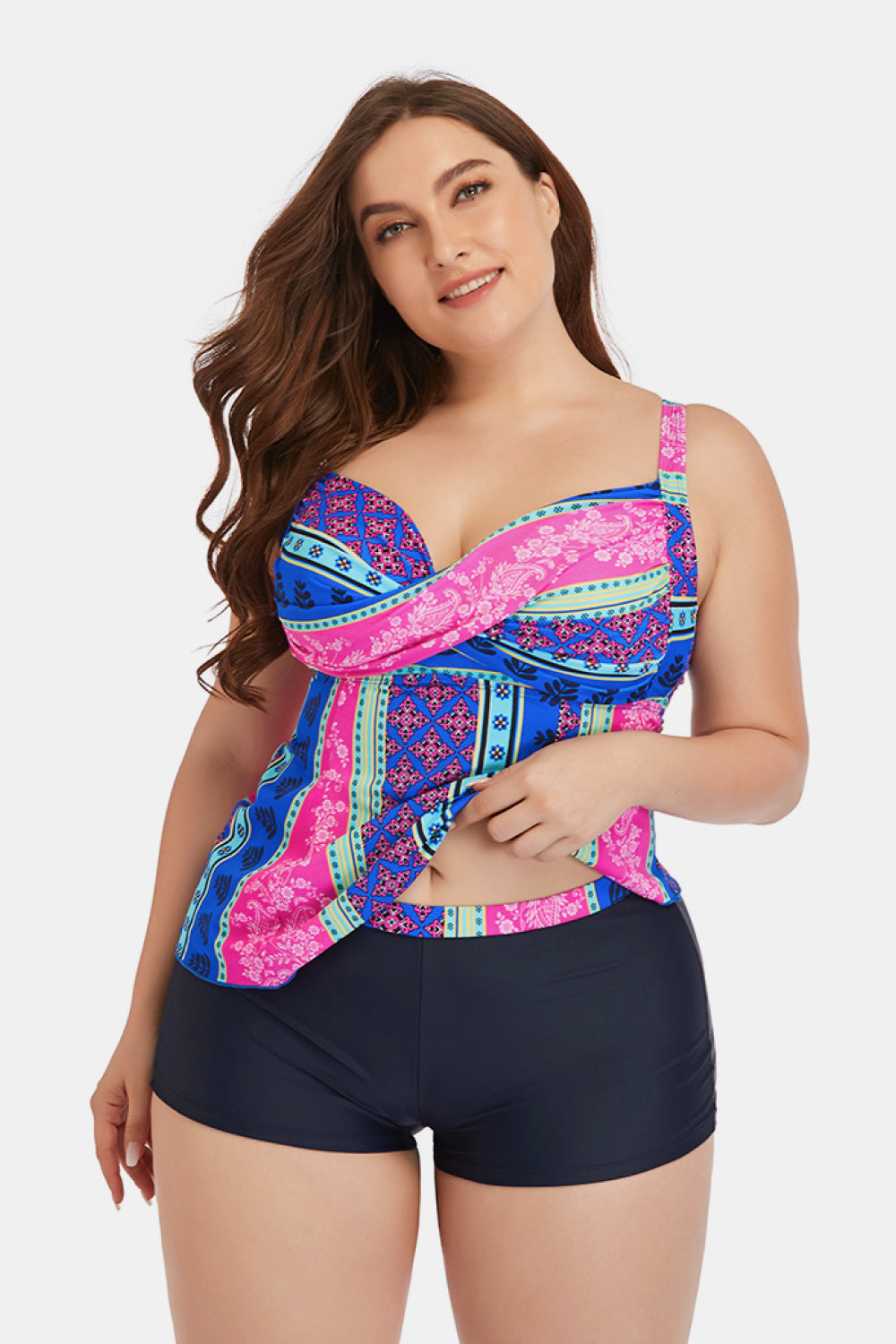 Plus Size Printed Crisscross Cutout Two-Piece Swim Set (3 Variants)