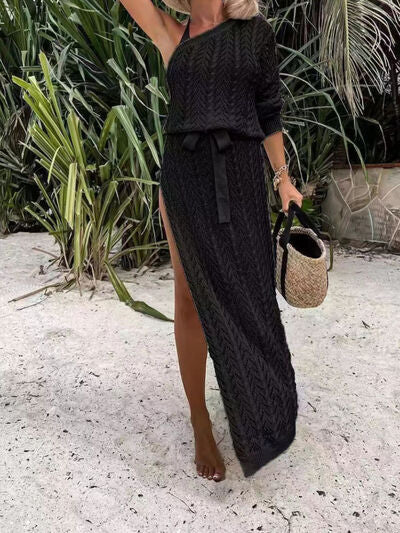 Slit Openwork Single Shoulder Knit Swim Dress (7 Variants)