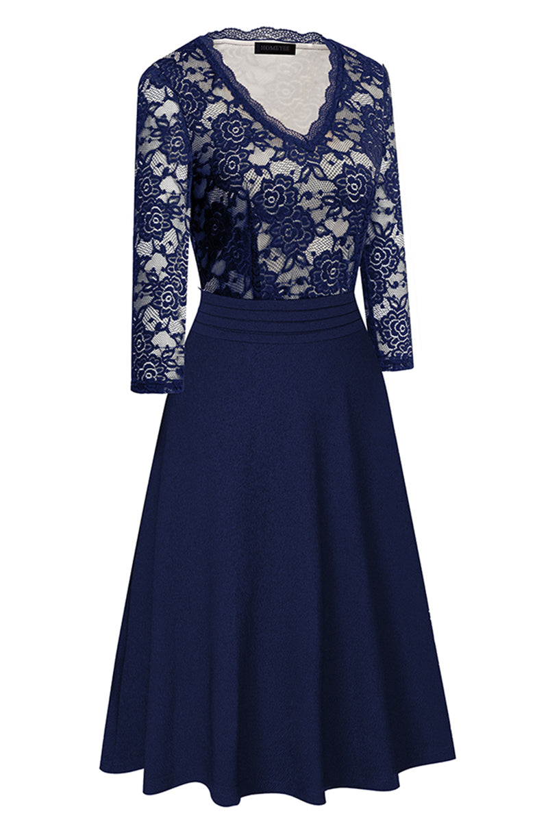 V-Neck Lace Detail Knee-Length Dress (9 Variants)