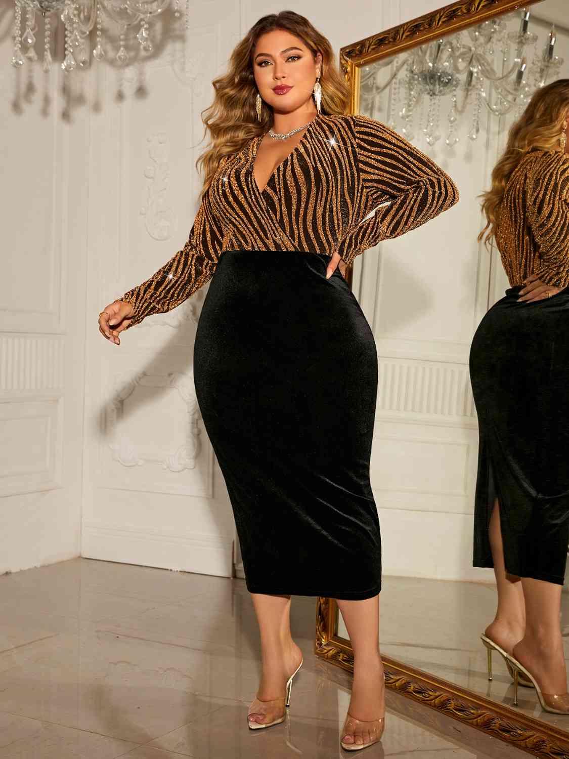 Plus Size Tiger Vibes V-Neck Long Sleeve Slit Dress