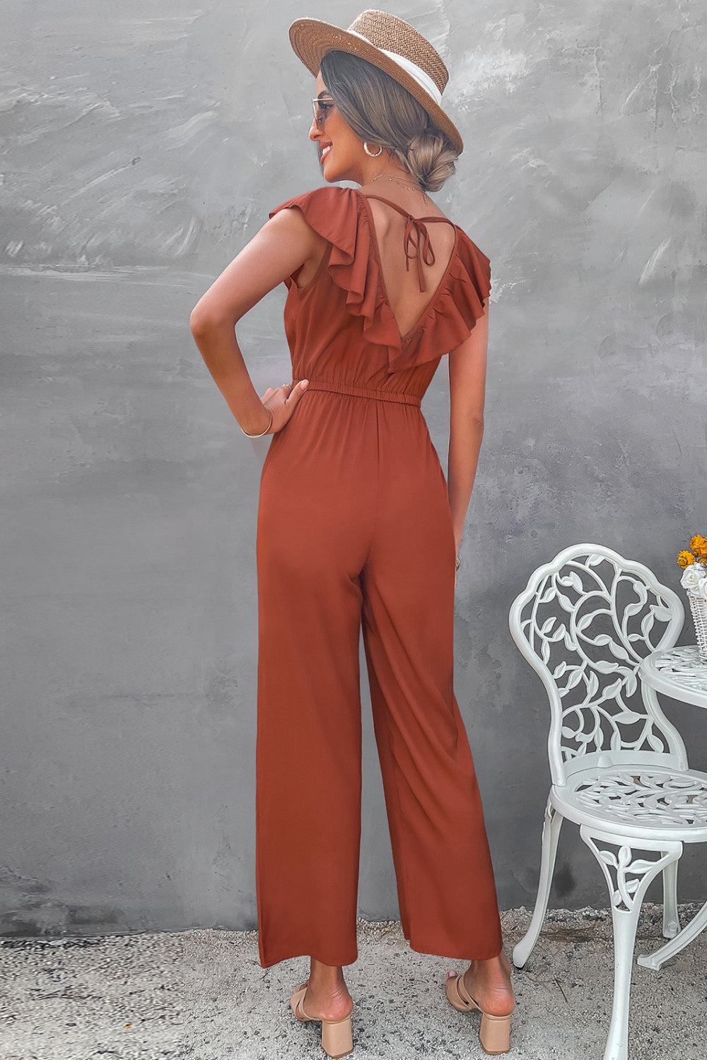 Ruffle Trim Tie-Back Wide Leg Jumpsuit