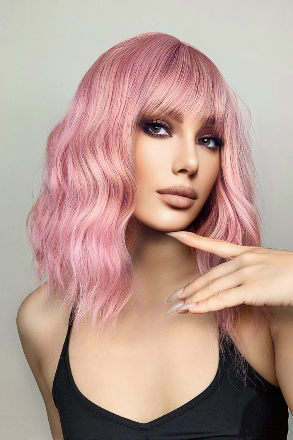 12" Pink / Copper Beach Wave Synthetic Wig With Bangs