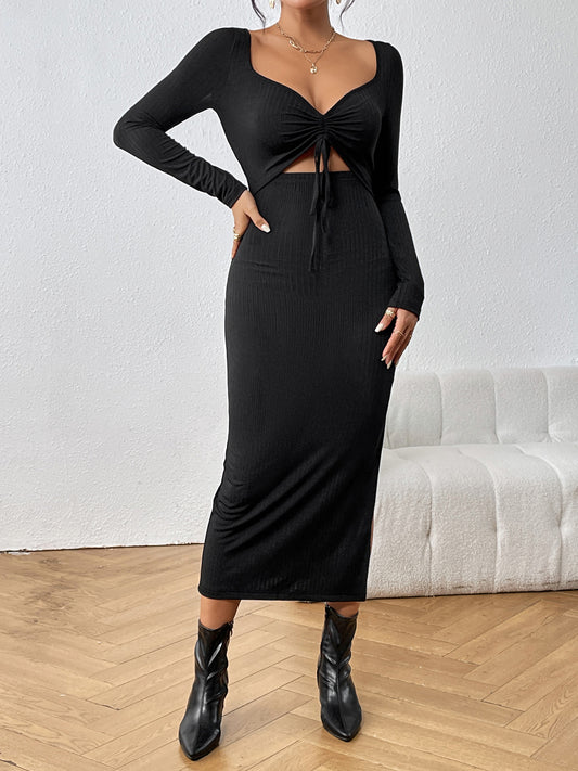 Long Sleeve Tie Front Cutout Slit Dress