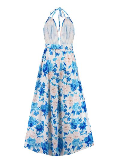 Slit Backless Printed Halter Neck Dress (2 Variants)