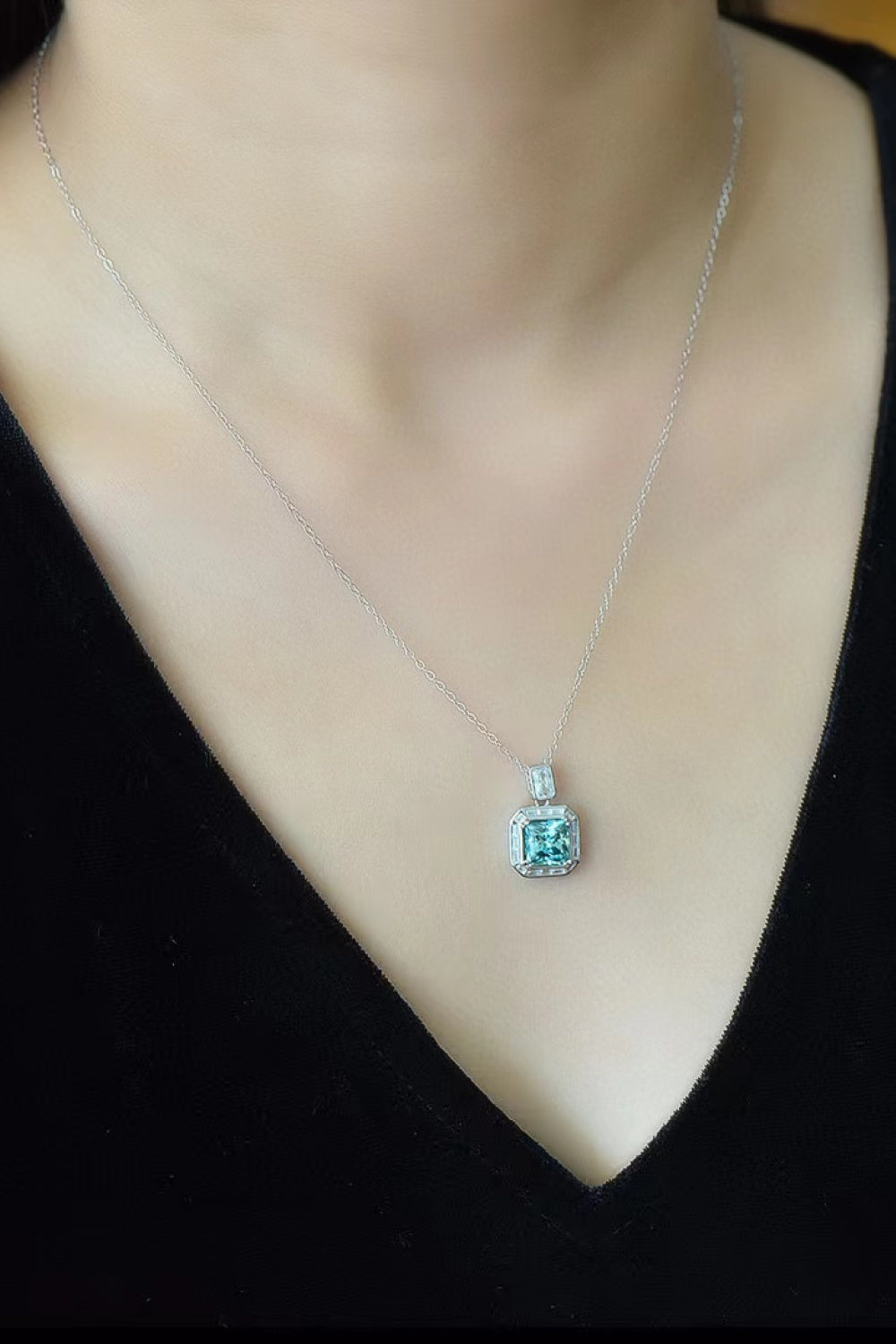 2 Carat Moissanite Square Teal Pendant Necklace