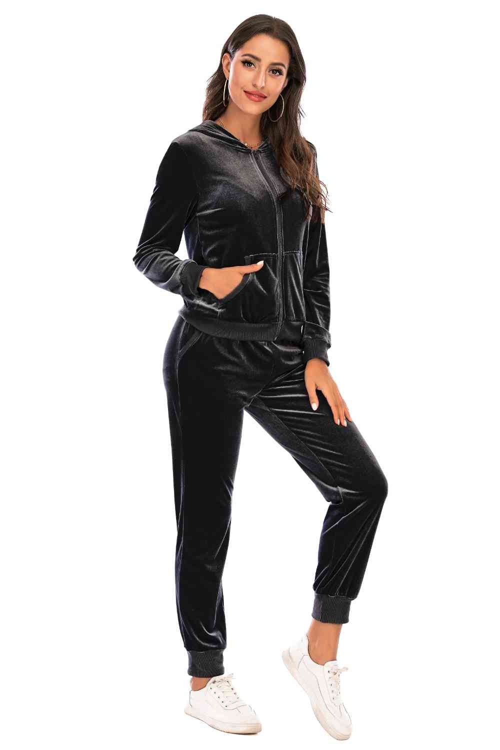 Velour Styled Zip-Up Hoodie and Pants Set