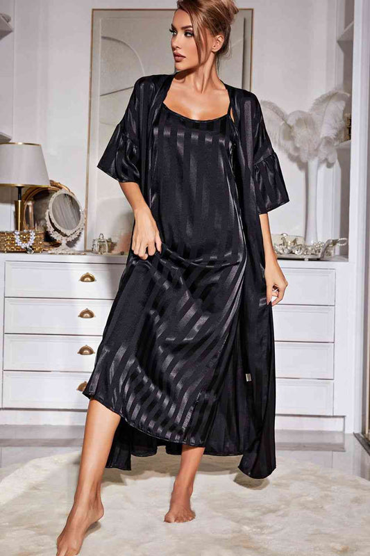 Striped Open Front Robe and Cami Night Gown Set