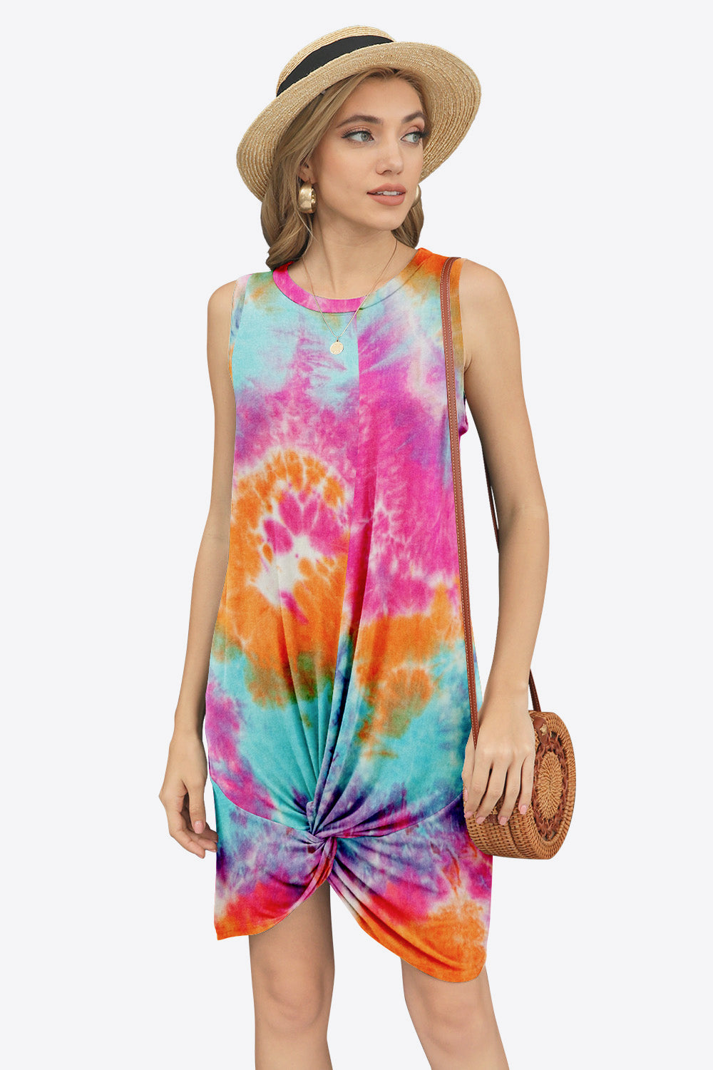 Tie-Dye Twisted Round Neck Sleeveless Dress (6 Variants)