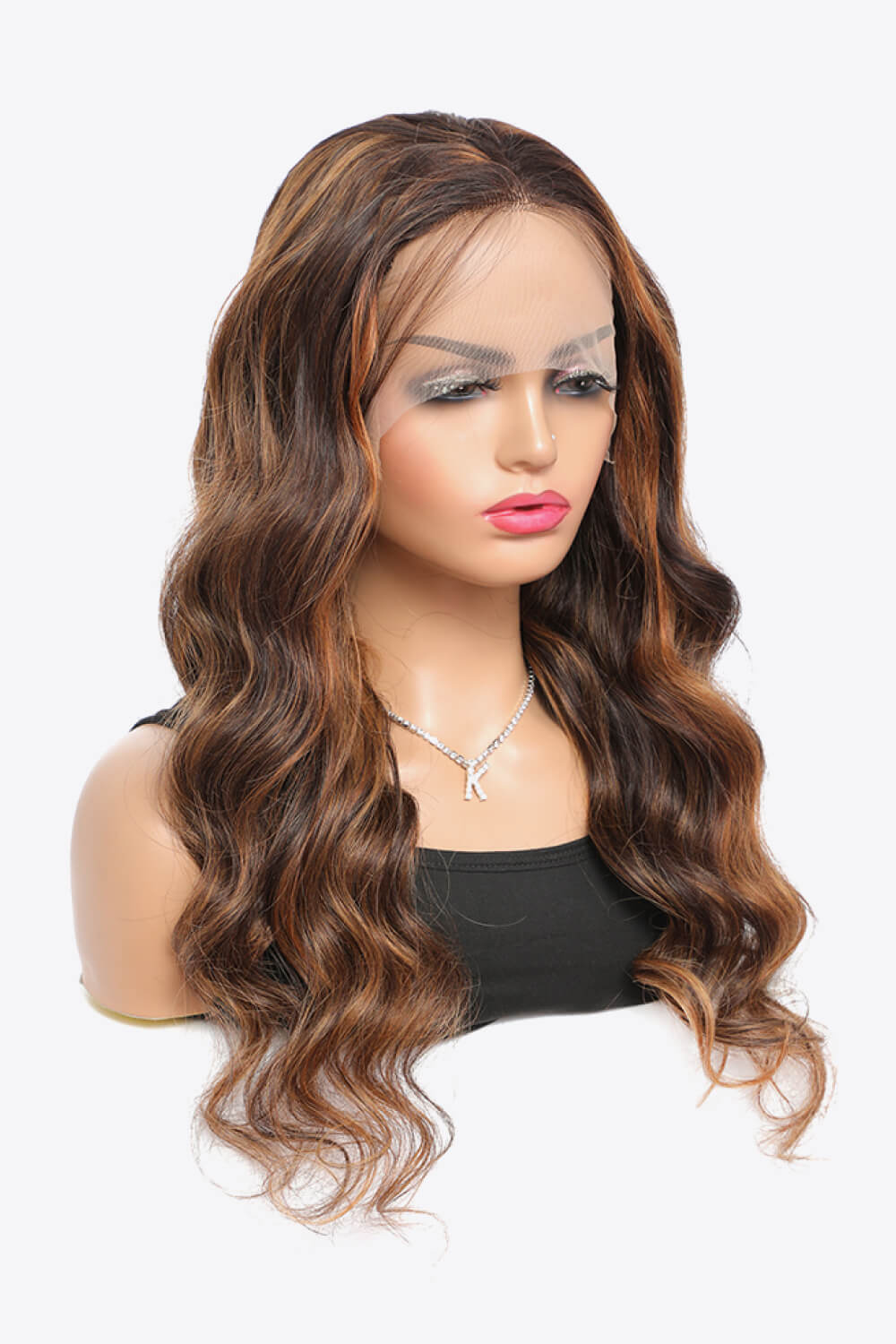 18" Brown/Caramel Highlights Deep Wave Lace Front Human Hair Wig