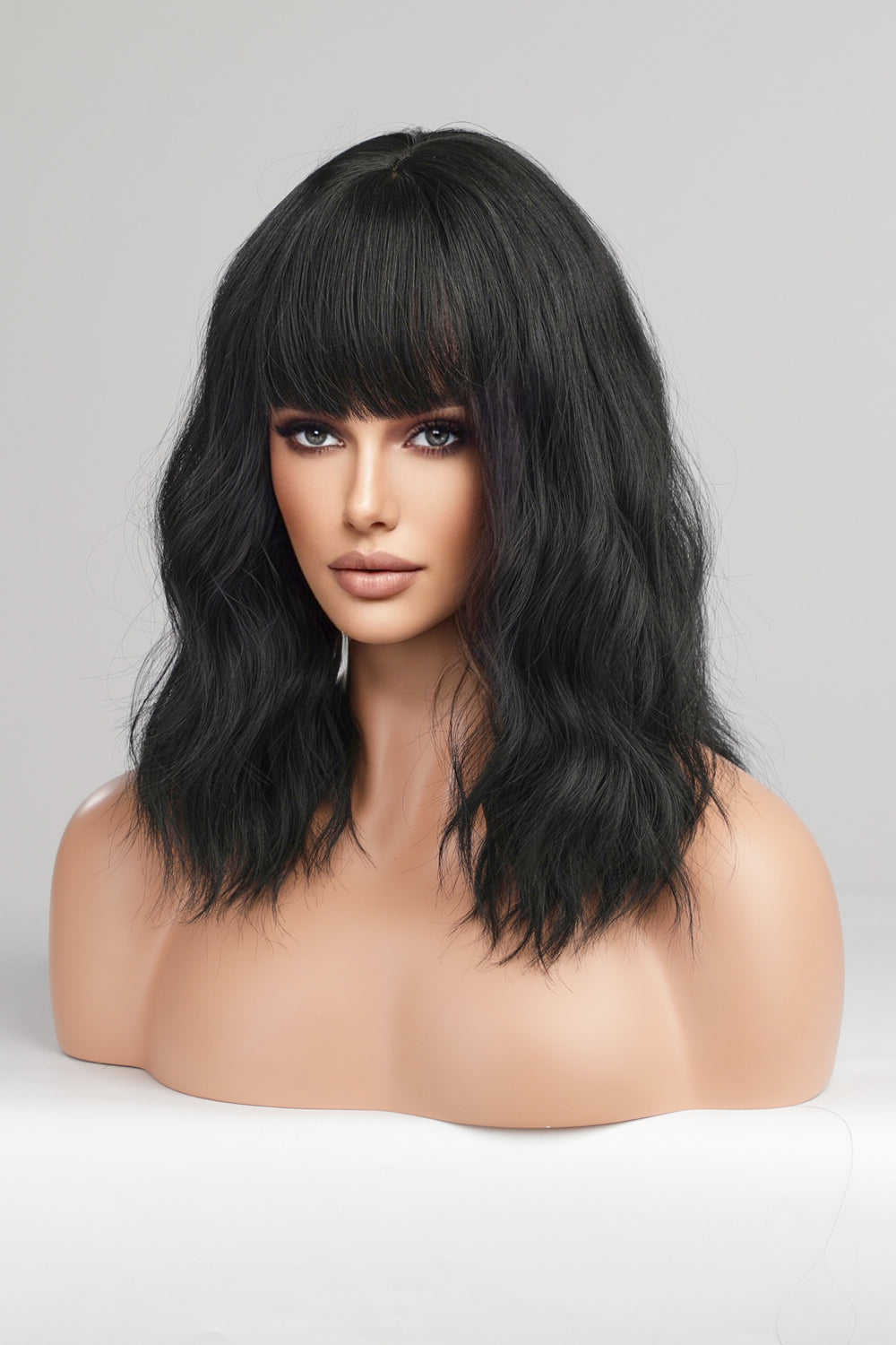 12" Black Mid-Length Wavey Synthetic Wig With Bangs