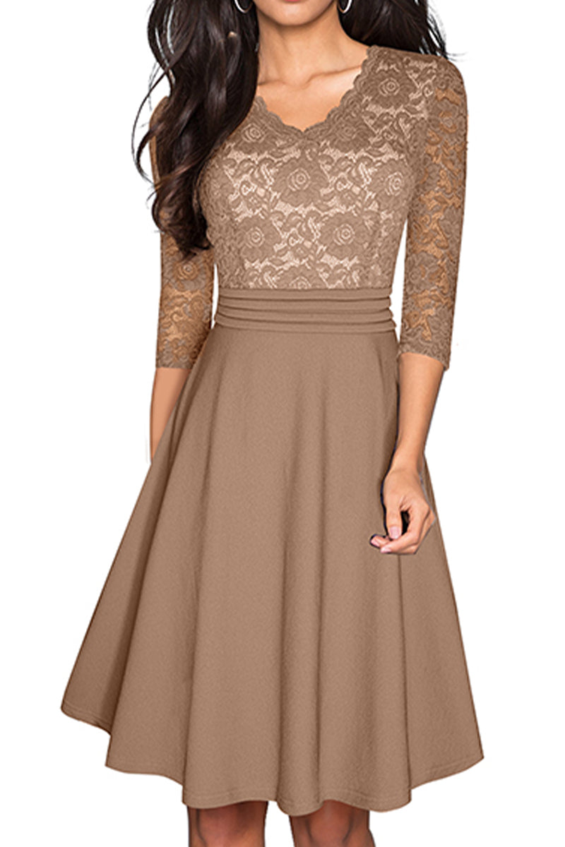 V-Neck Lace Detail Knee-Length Dress (9 Variants)