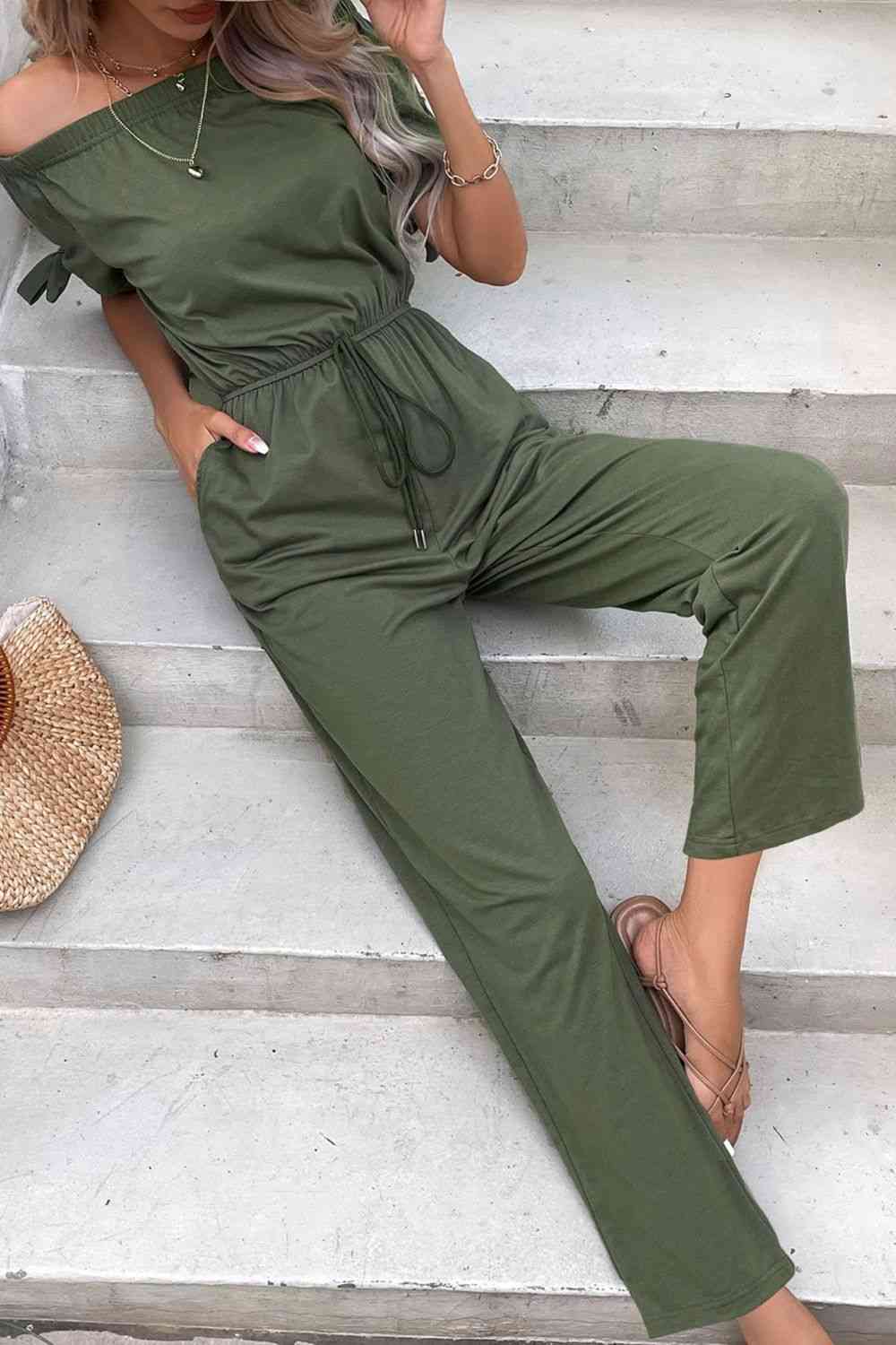 Off-Shoulder Tie Cuff Jumpsuit with Pockets (3 Variants)