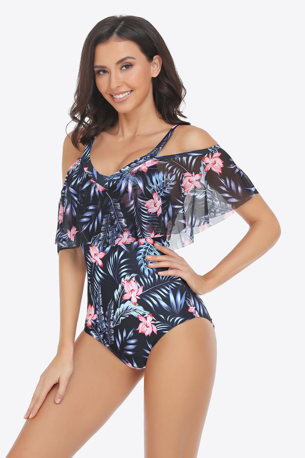 Botanical Print Cold-Shoulder Layered One-Piece Swimsuit (3 Variants)