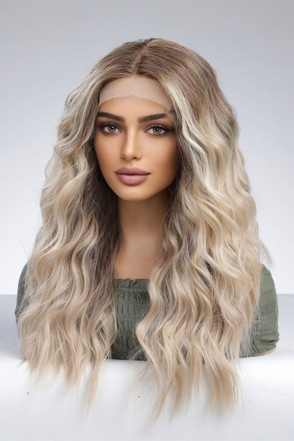 24" Light Brown/Blonde Ombre Lace Front Synthetic Long Waves Wig