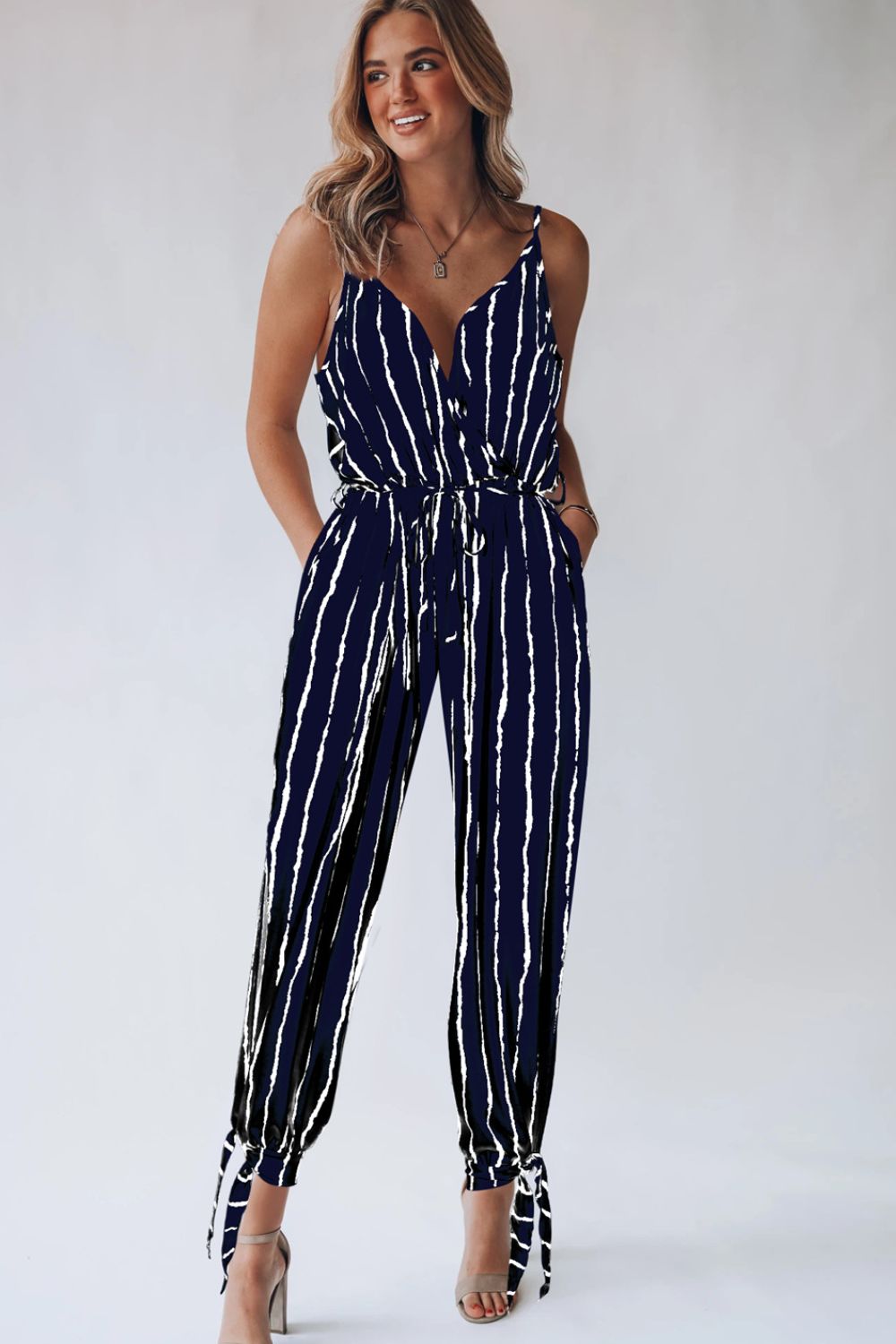 Striped Contrast Tie Ankle Spaghetti Strap Jumpsuit (2 Variants)