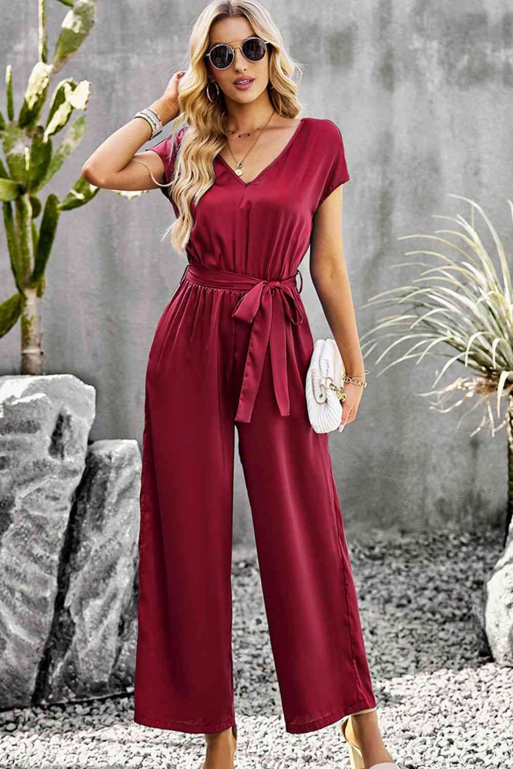 Tie Belt V-Neck Short Sleeve Jumpsuit (3 Variants)