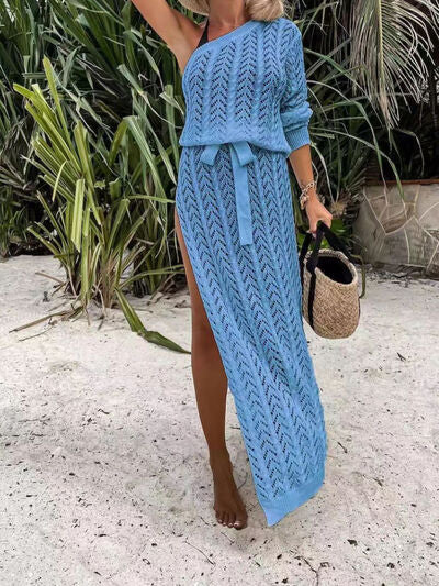 Slit Openwork Single Shoulder Knit Swim Dress (7 Variants)