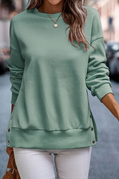 Snap Detail Round Neck Dropped Shoulder Sweatshirt