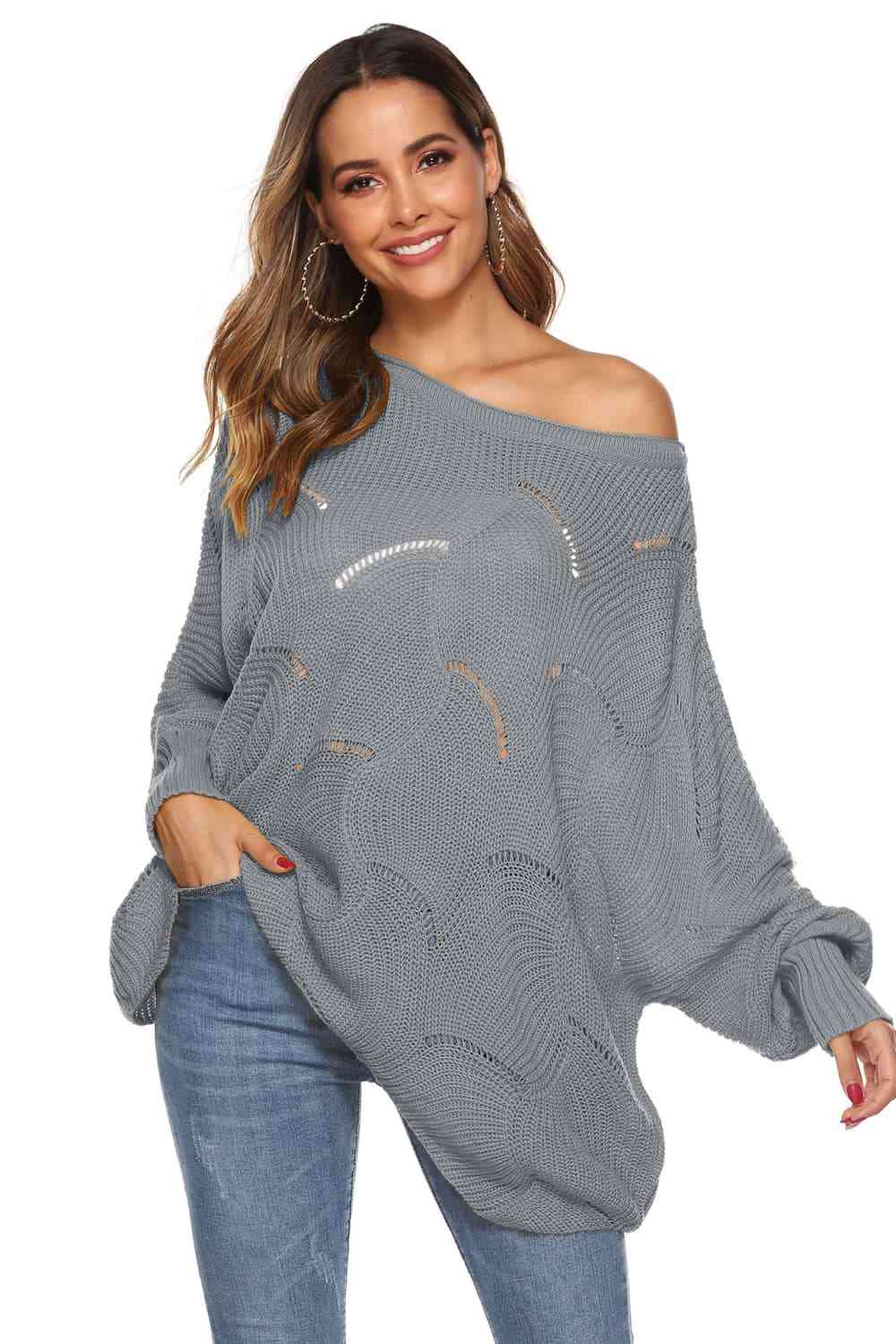 Round Neck Long Sleeve Openwork Sweater