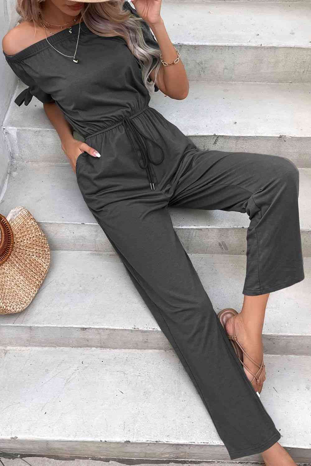 Off-Shoulder Tie Cuff Jumpsuit with Pockets (3 Variants)