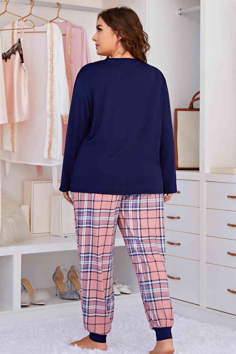 Plus Size Heart Top and Plaid Joggers Lounge Set