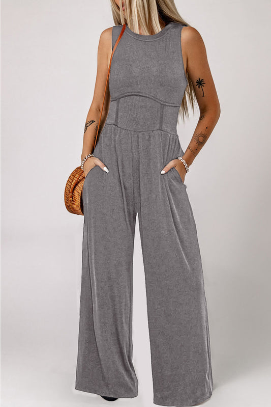 Round Neck Sleeveless Jumpsuit w/Pockets (Charcoal)