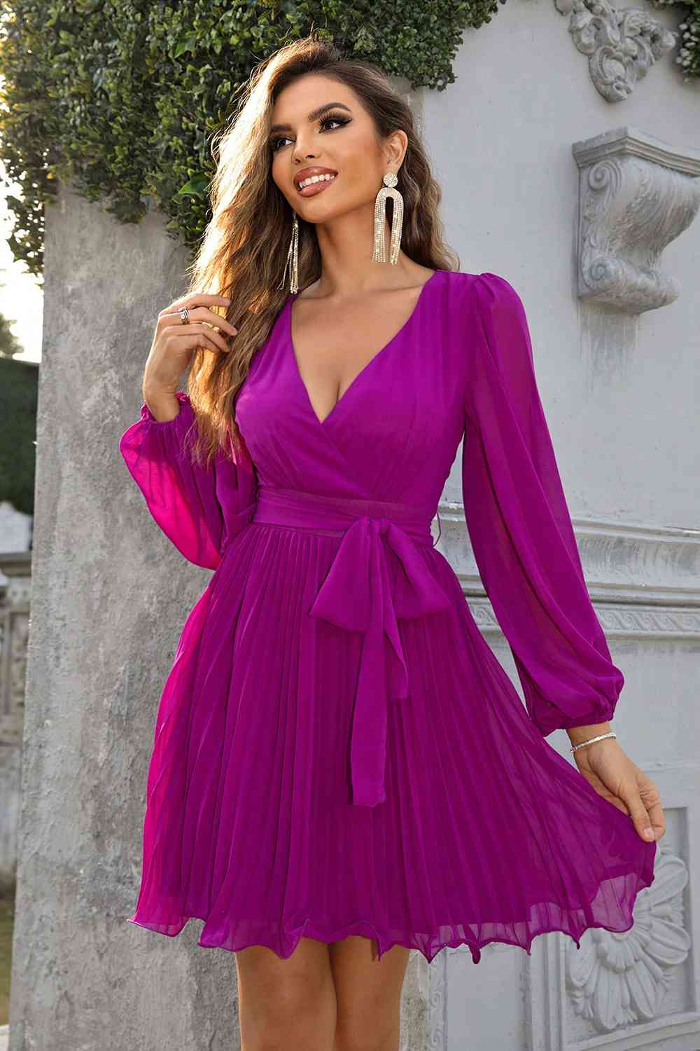 Fuchsia Give-It-A-Whirl Tied Front Accordion Dress