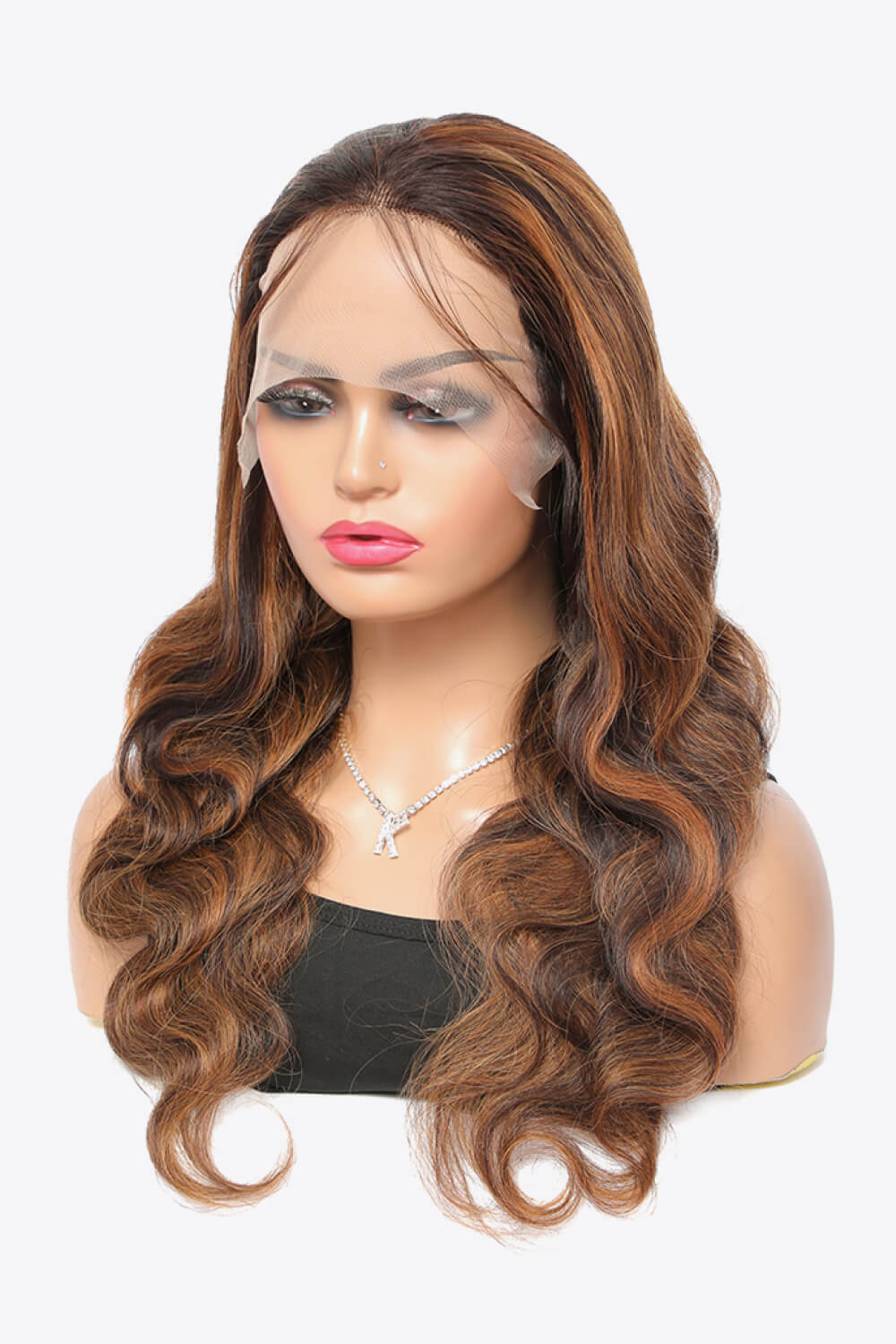 18" Brown/Caramel Highlights Deep Wave Lace Front Human Hair Wig