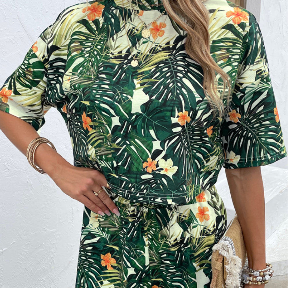 Green Palm Leaves Print Shirt & Shorts Set