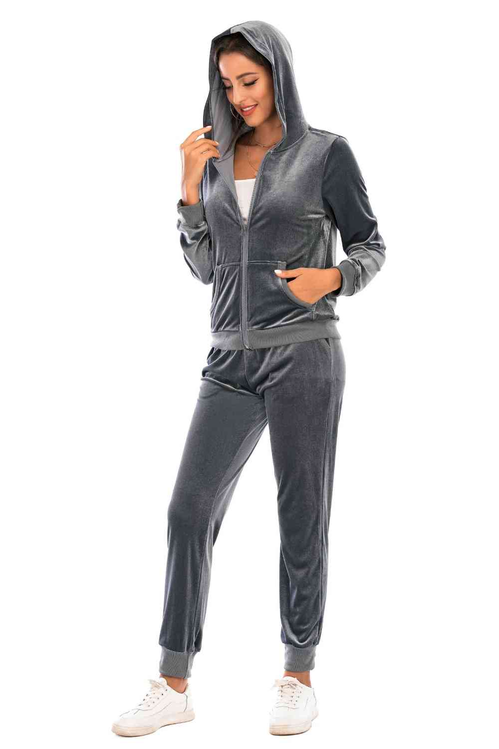 Velour Styled Zip-Up Hoodie and Pants Set