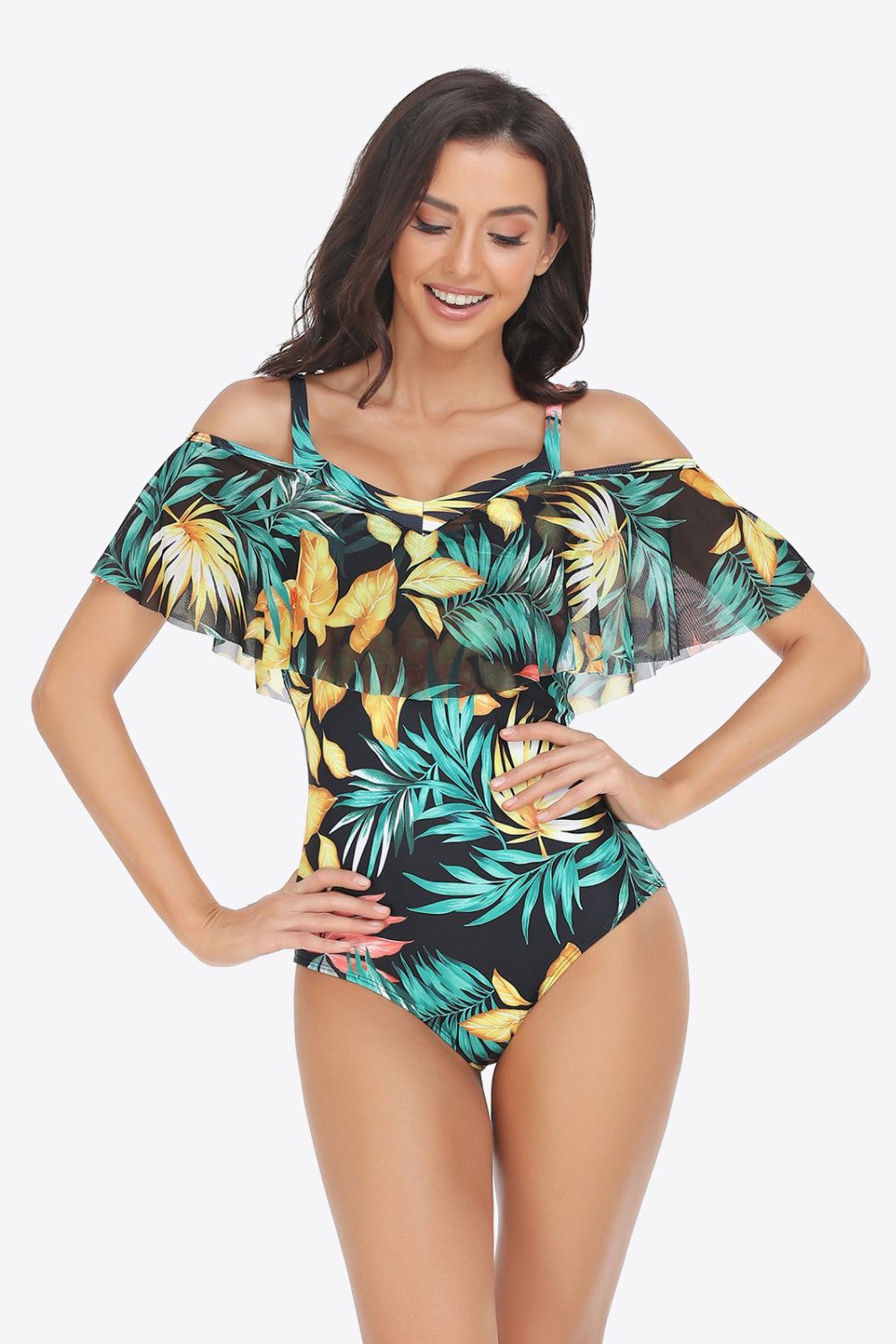 Botanical Print Cold-Shoulder Layered One-Piece Swimsuit (3 Variants)