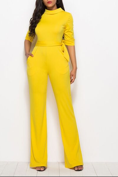 Mock Neck Tie-Waist Half Sleeve Jumpsuit (7 Variants)