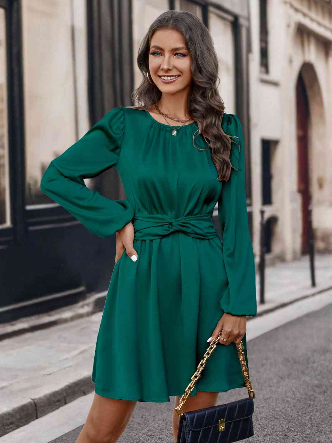 Twisted Round Neck Long Sleeve Dress (2 Variants)