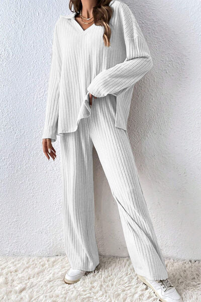 Ribbed Slit Top and Pants Set