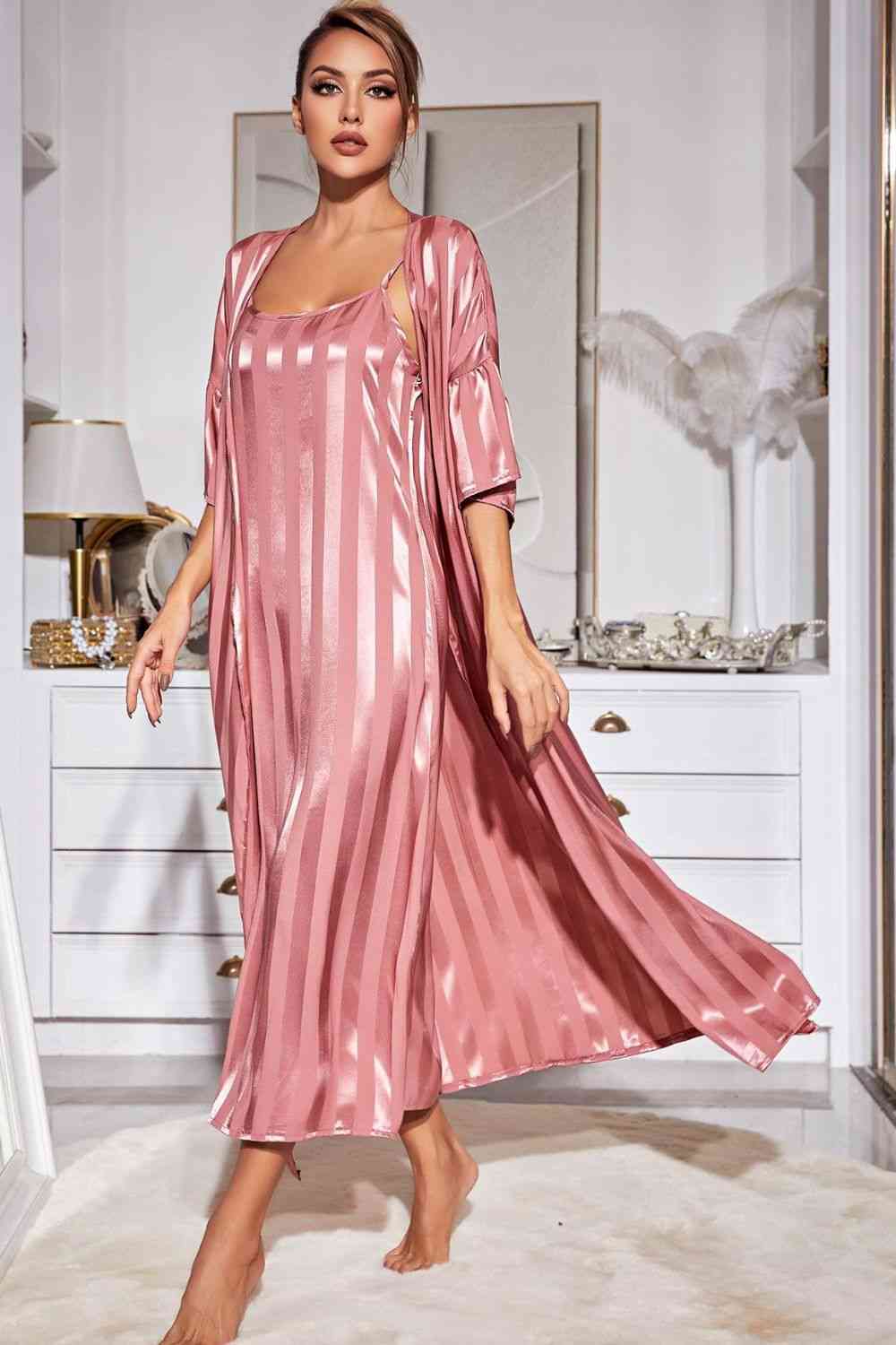 Striped Open Front Robe and Cami Night Gown Set