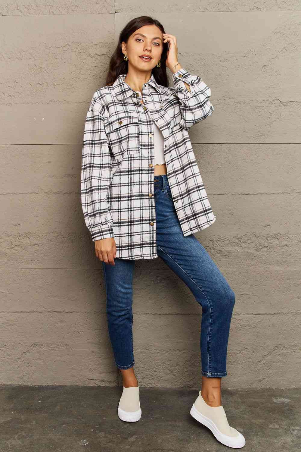 Ninexis Full Size Plaid Collared Neck Button-Down Long Sleeve Jacket