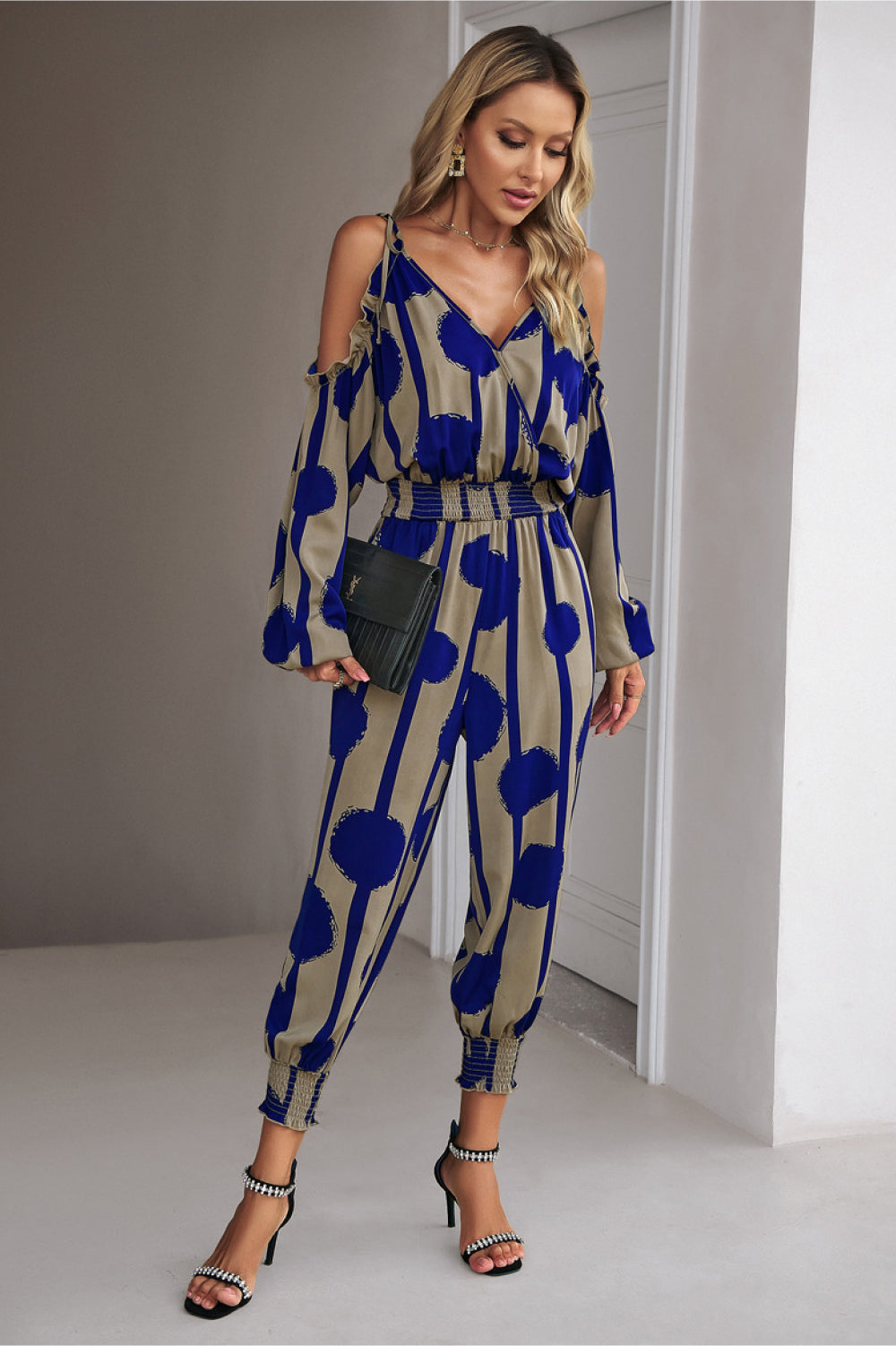 Printed Cold-Shoulder Surplice Neck Jumpsuit (4 Variants)