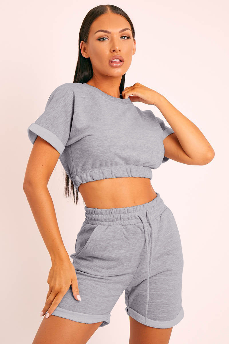 Short Sleeve Cropped Top and Drawstring Shorts Lounge Set